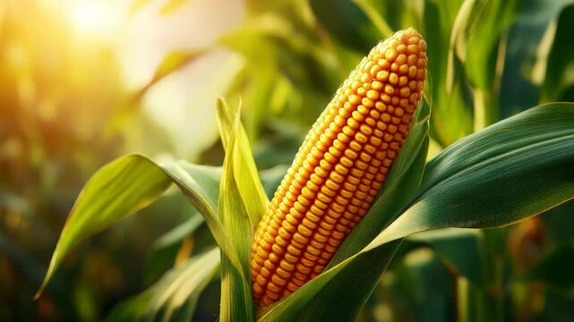 Close-up of ripe corn cob in a field at golden hour harvest time