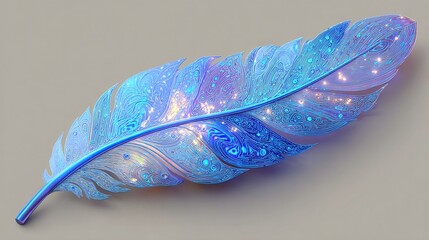 A stylized, iridescent feather with intricate, glowing patterns