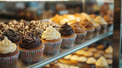 ssorted cupcakes with chocolate and vanilla frosting in display case