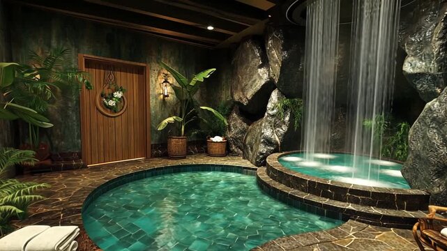 Indoor tropical pool area with waterfall feature