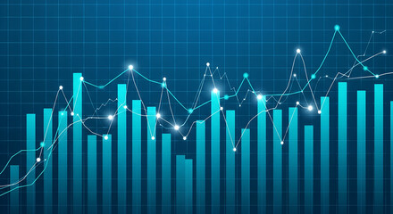 Stock market analysis with financial charts and graphs showing investment trends and economic growth in blue background