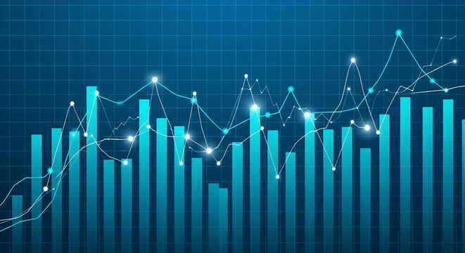 Stock market analysis with financial charts and graphs showing investment trends and economic growth in blue background