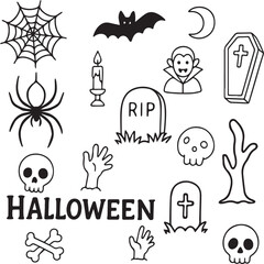 Set of black and white Halloween doodles: spiders, webs, pumpkins, ghosts, witches, hand-drawn lettering. Perfect for coloring pages, cards, posters, decorations, party and seasonal design.