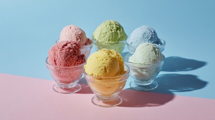 Three scoops of colorful ice cream displayed together in glass cups indoors styled composition