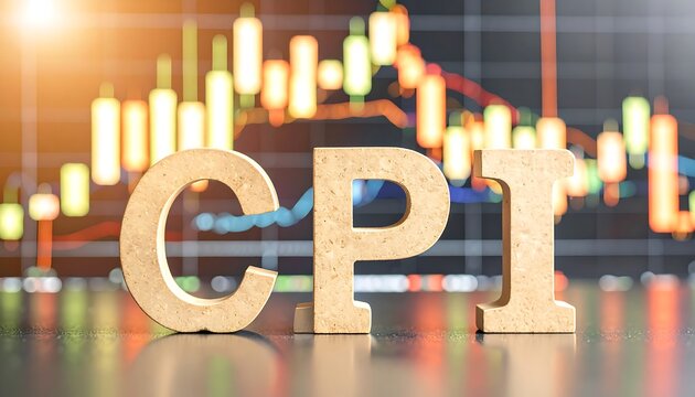 Wooden letters spell CPI against a blurred stock market graph background