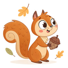 Cute cartoon squirrel holding acorn on transparent background for autumn posters, kids&rsquo; illustrations, and seasonal branding