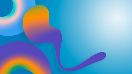 modern abstract design with colorful, freeform shapes on a blue gradient background. The shapes, which have a smooth, fluid appearance, are in shades of orange, purple, pink, teal, and green