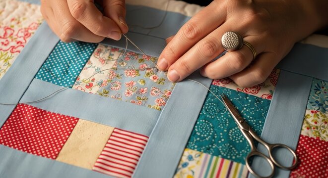 Close-up of Hands Stitching a Colorful Quilt Patchwork with Thread and Needle, DIY Craft Project