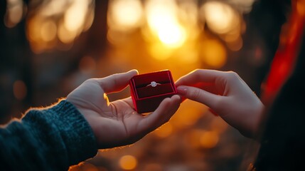 Couple exchanging engagement ring at sunset.