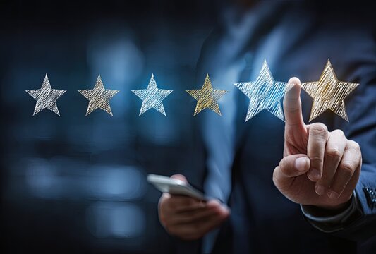 Hand selecting five stars rating, business concept - Powered by Adobe