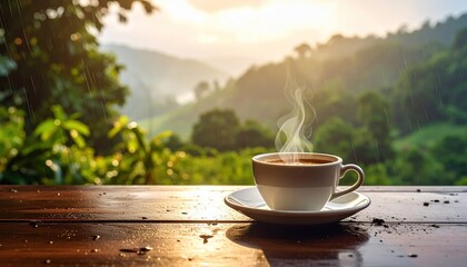Morning Coffee with a Mountain View: A Serene Rainy Day