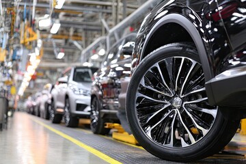 Close-up of a vehicle wheel on an assembly line.