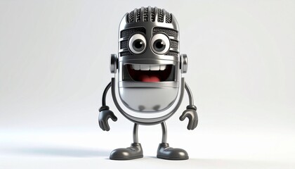 Cartoon-style anthropomorphic retro microphone character with metallic grill, single eye, expressive mouth, arms, legs, and animated pose on a light background.