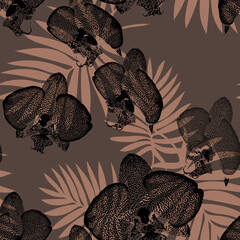 Dark tropic leaves and orchid flowers seamless pattern in monochrome brown tones.Floral botanical illustration for bedding, home textile, package, fabric. Rapport illustration.