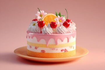 Pink frosted cake with whipped cream, cherries, flowers, and orange slice, creating a sweet and festive dessert