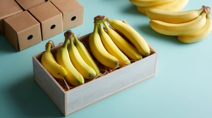 Box with bananas indoors styled decorative fresh fruit composition photography scene
