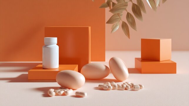 Cosmetic products with eggs orange background indoors styled decorative modern composition photography scene
