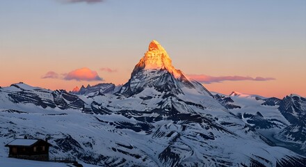 Majestic snow-capped mountain peak bathed in the warm golden light of sunrise or sunset, offering a breathtaking alpine vista and a serene winter landscape