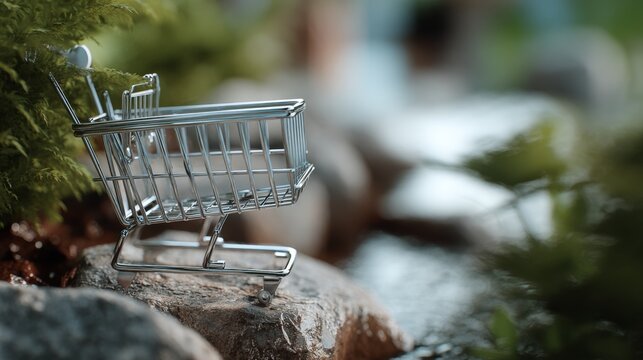Mini shopping cart outdoors styled decorative retail consumerism composition photography scene