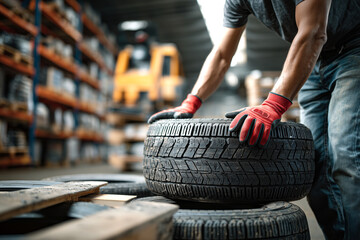Esfuerzo laboral y eficiencia en el sector industrial/logístico.Trabajador con guantes rojos manipulando neumáticos en una nave industrial.