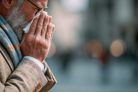 Elegant businessman blowing his nose with a tissue, suffering from a cold or allergies in the city