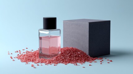 Perfume bottle with red granules indoors styled decorative minimal photography artistic product composition scene
