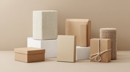 Cardboard and textile boxes indoors styled decorative minimal photography artistic composition packaging scene