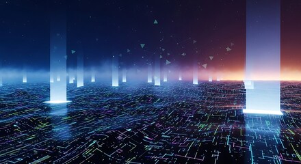 Abstract Data Landscape with Glowing Pillars and Circuit Board.