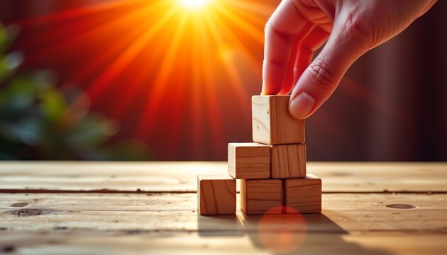 In this image, we see a person's hand holding a wooden block above a stack of five other blocks