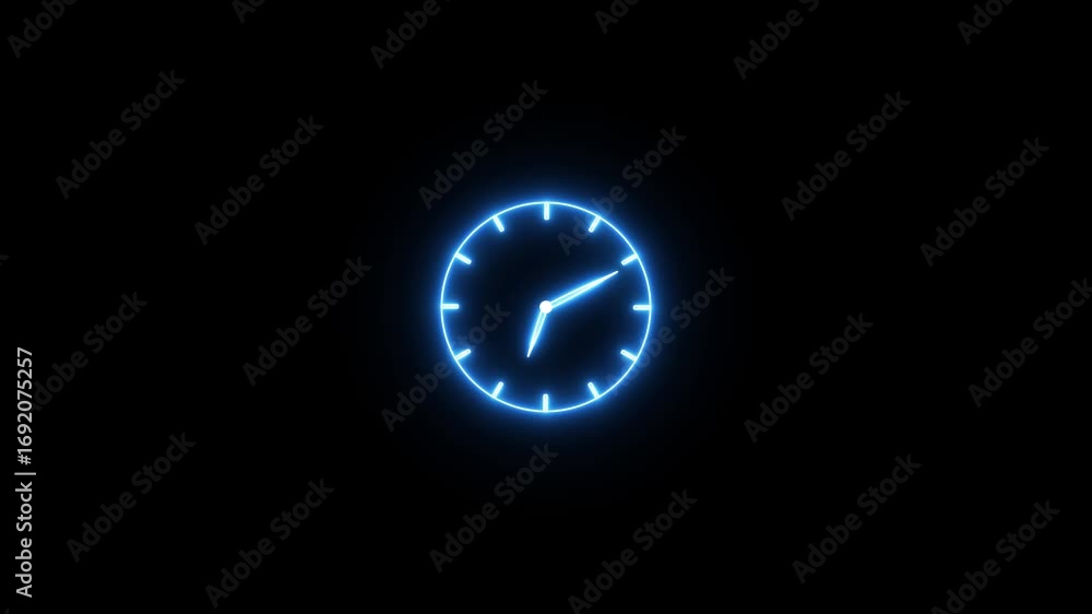 Poster animated of neon blue color clock icon animation on black background. timer watch timekeeper countdo