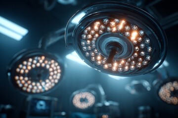 Modern surgical lamps illuminate an operating room, creating a sterile and focused environment for medical procedures