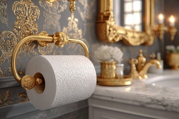 Close-up of toilet paper hanging on golden holder in luxurious bathroom with elegant wallpaper