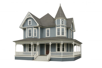 Victorian house cutout featuring ornate architectural details, wrap-around porch highlighting historic residential design elements
