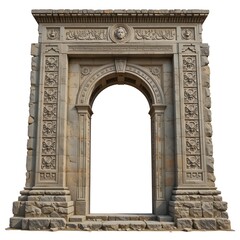 Obraz premium Ancient stone archway with intricate carvings isolated on white background