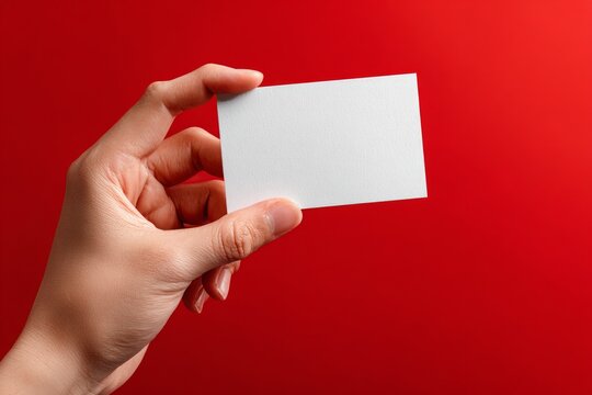 Woman holding a blank business card against a red background