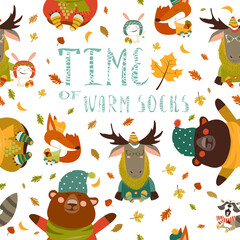 Vector autumn forest seamless pattern with cute animals