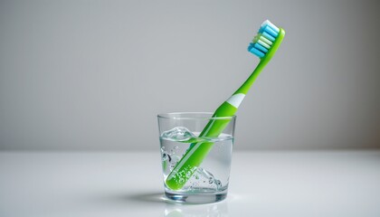 An image of a toothbrush placed in a glass of water with a playful twist: the toothbrush's bristles are cleverly arranged to create an illusion of bubbles or water currents