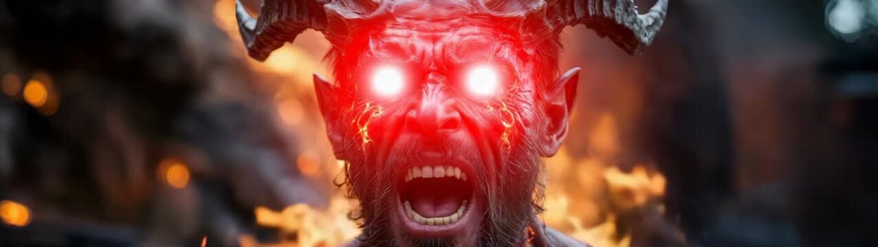 Devilish figure with glowing eyes and horns screaming amidst fiery backdrop, embodying evil and darkness.