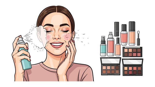 Young woman with eyes closed applying facial mist spray to her face with makeup products and palettes arranged nearby for beauty routine
