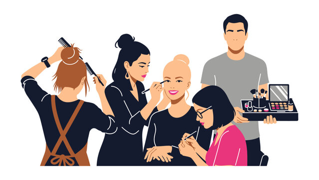 Diverse group of aspiring makeup artists learning and practicing cosmetic application techniques in a professional beauty school or workshop setting