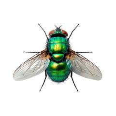 Vibrant Green Metallic Fly with Iridescent Wings on White Background