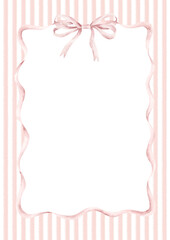It's a girl. Watercolor hand-drawn frame with pink and white striped and pink wavy ribbon and bow. Template card for design baby shower, gender reveal party and nursery.