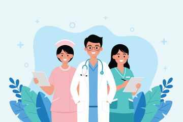 Flat Vector illustration Medical team group of professional doctors and healthcare workers in hospital setting. Ideal for medical, healthcare, and hospital-related content.