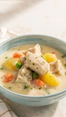 Creamy Chicken Vegetable Soup in Light Blue Bowl with Carrots Peas and Potatoes
