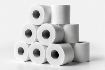 Seven rolls of toilet paper forming a pyramid shape, representing bathroom essentials and hygiene