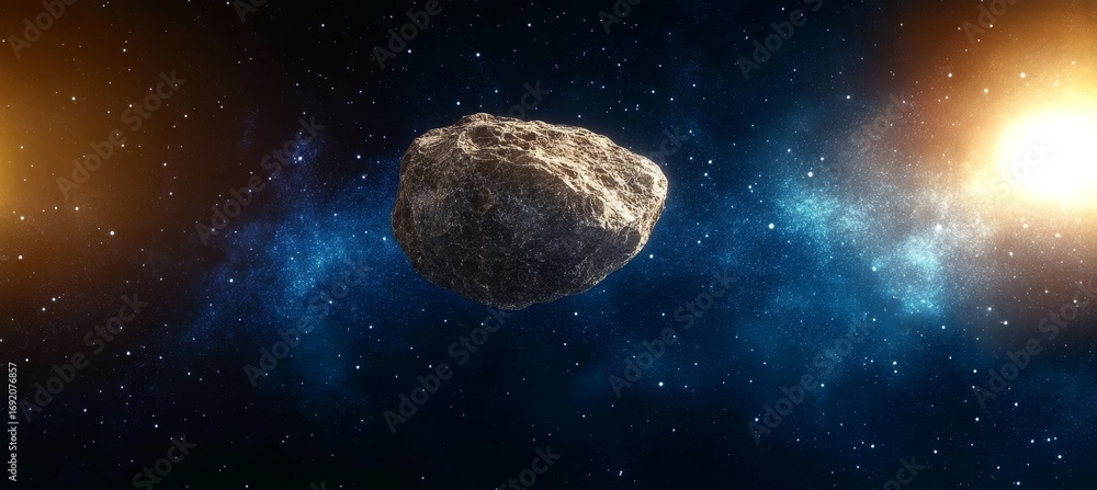Canvas Prints a stunning view of a distant asteroid orbiting a bright star in the vastness of space and time