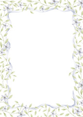 It's a boy. Watercolor hand-drawn charming frame with tenderness leaves, blue flowers and wavy blue ribbon. Template card for design baby shower, gender reveal party and nursery.