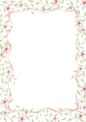 Fototapeta premium It's a girl. Watercolor hand-drawn charming frame with tenderness leaves, pink flowers and wavy pink ribbon. Template card for design baby shower, gender reveal party and nursery.