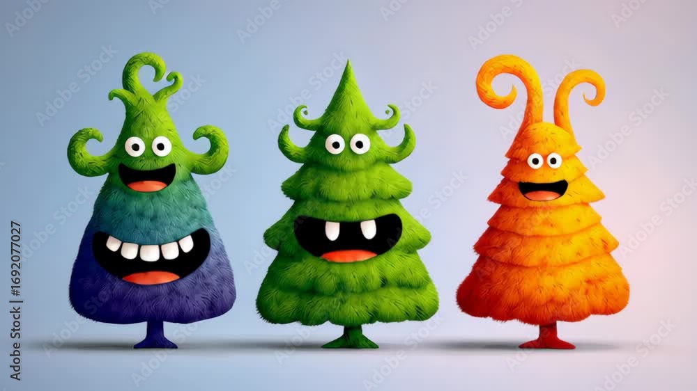 Poster colorful animated tree characters with playful expressions, showcasing a lively interaction in a whi