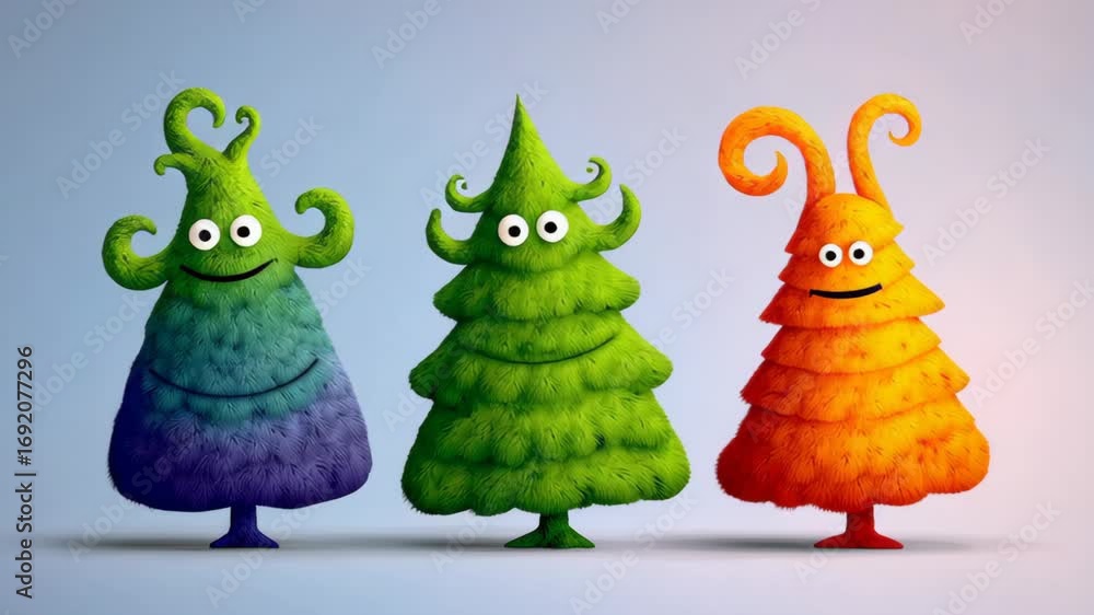 Poster colorful animated tree characters with playful expressions transition through a lively scene, showca